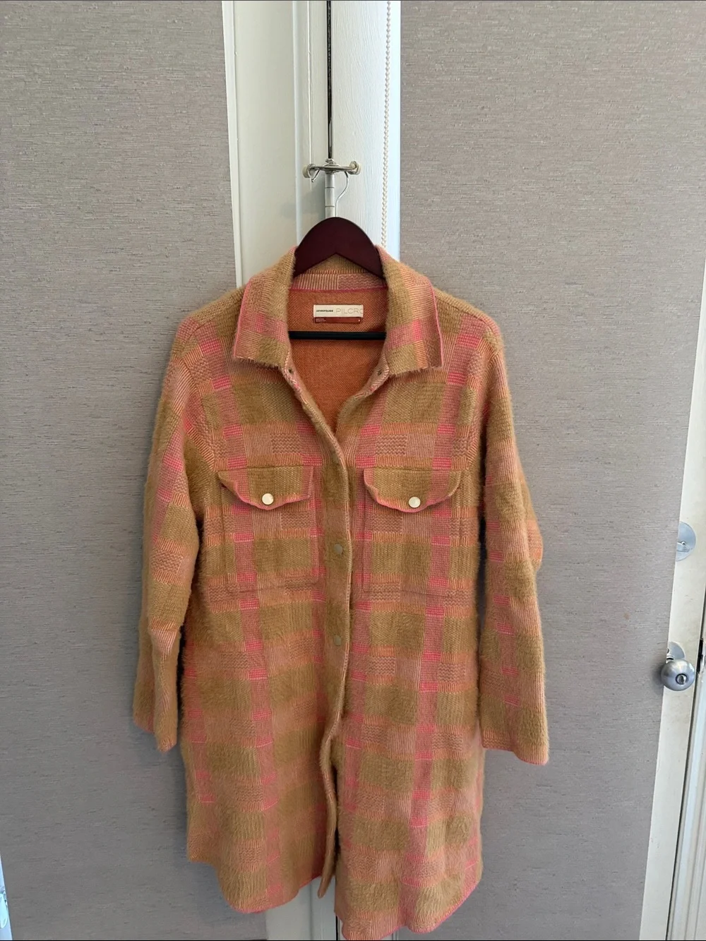 Pilcro Pink & Tan Plaid Long Shacket